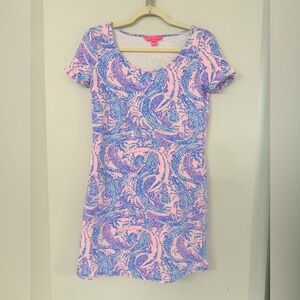 Lilly Pulitzer Womens XS Pink Blue Print Short Sleeve Tshirt Stretchy Mini Dress